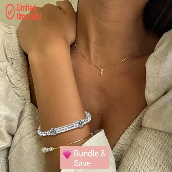 Stainless Steel Stretch Bracelet with Diamond Beads, Inspirational Engraving - Picture 4 of 8